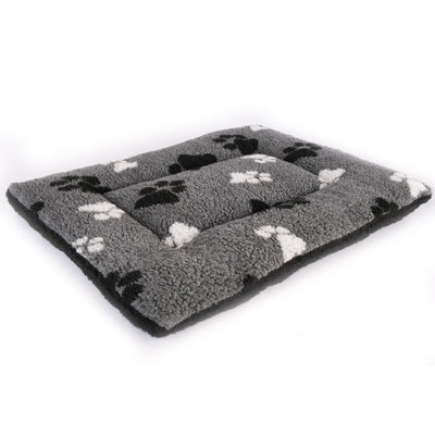 Petlife Sherpa Fleece Crate Mat Grey with Black & White Paws
